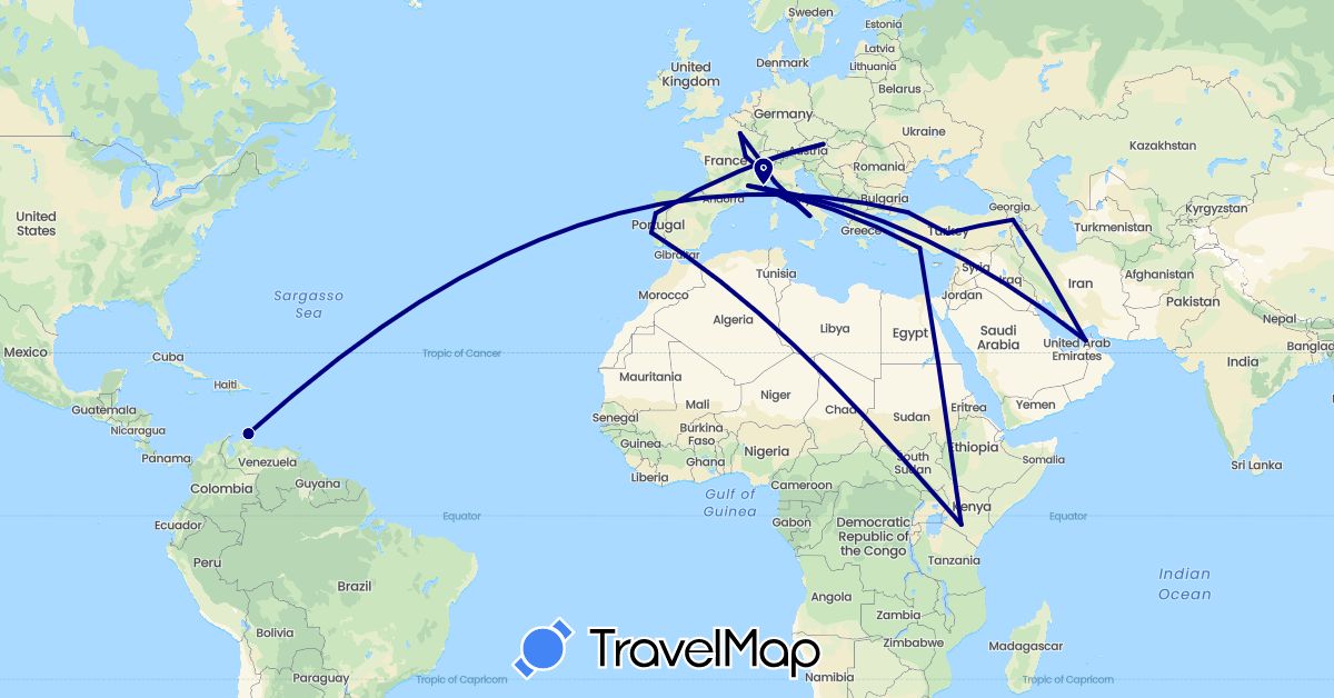 TravelMap itinerary: driving in United Arab Emirates, Armenia, Austria, Switzerland, Curaçao, France, Italy, Kenya, Portugal, Turkey (Africa, Asia, Europe, South America)